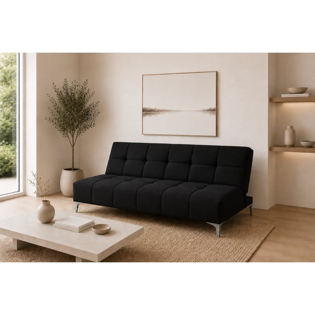 sofa cama reclinable el bazar store new york negro, futon 3 posiciones love seat; vista frontal a 3/4 de futón negro tapizado en lino nacional con acabado abotonado, respaldo reclinable en tres posiciones y asiento con hule espuma de alta densidad, patas metálicas cromadas (vienen separadas), medidas 170 cm largo x 80 cm profundidad x 75 cm altura; ideal para sala o cuarto de estudio y apto para acomodar visitas inesperadas.