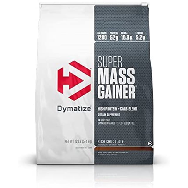 proteina super mass gainer dymatize 12 lbs sabor chocolate 52 gr Bolsa frontal de 12 lbs (5.4 kg) de Dymatize Super Mass Gainer sabor chocolate, panel gris y blanco con logotipo rojo, texto grande "SUPER MASS GAINER", leyenda de 52 g proteína y 1280 calorías, empaque sellado sobre fondo neutro; también suele usarse como suplemento para aumentar masa y calorías en ciclos de entrenamiento.
