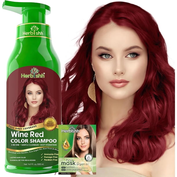 Herbishh Champú tinte capilar para canas - Tinte para el Cabello Libre de Amoníaco - 500ml (Rojo Vino)