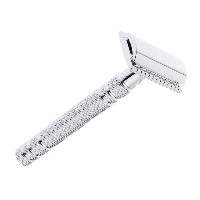 afeitadora de afeitar manual clásica sunnimix máquina de afeitar de seguridad para hombres Plata, vista 3/4 frontal de maquinilla de doble filo con mango texturizado de aleación y cabezal abierto, tamaño 10.8x4x2.4 cm; compatible con cuchillas estándar y adecuada para barbas finas o gruesas; también usada para perfilar contornos.