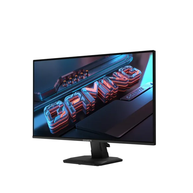 monitor gamer curvo 24.5 gigabyte gs25f2 200hz fhd freesync negro, vista 3/4 frontal con pantalla curva 24.5" FHD mostrando gráfico gamer, soporte central robusto y base en T, bordes delgados y logotipo GIGABYTE en el marco. Especificaciones: 200 Hz, 1 ms. Su tamaño compacto también lo hace adecuado para configuraciones de escritorio gaming pequeñas.