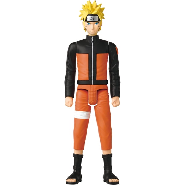 figura de acción anime heroes mega naruto uzumaki 30cm Multicolor, vista frontal centrada de Naruto Uzumaki de 30 cm con chaqueta negra y naranja, pantalones naranja con venda blanca en la pierna, cabello rubio en picos y sandalias negras; figura articulada ideal para exhibir en colecciones y estanterías.