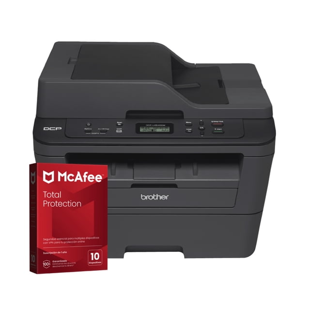 multifuncional brother dcpl2540dw laser + licencia digital mcafee Impresora multifuncional láser monocromática Brother DCP‑L2540DW en negro, vista frontal centrada con alimentador automático de documentos superior (35 páginas), panel de control con pantalla LCD y botones, bandeja frontal para 250 hojas y salida de papel; caja roja de McAfee Total Protection visible al frente (10 dispositivos, 12 meses). Soporta impresión dúplex automática, conexión Wi‑Fi y Ethernet y escaneo móvil; también suele usarse para copiado y escaneo de documentos administrativos en oficinas pequeñas.