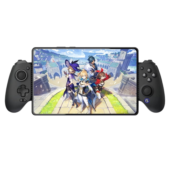 gamesir controlador móvil bluetooth g8+ controlador inalámbrico negro, vista frontal con teléfono montado en la base extensible; sticks analógicos izquierdo y derecho, cruceta direccional, botones ABXY y gatillos superiores visibles, carcasa mate y botón con logo GameSir; diseño modular con piezas magnéticas intercambiables, giroscopio de 6 ejes y vibración dual para control de movimiento preciso y respuesta háptica; compatible con teléfonos, tabletas y consolas tipo conmutador; a menudo usado también para jugar de forma portátil o hacer streaming móvil.