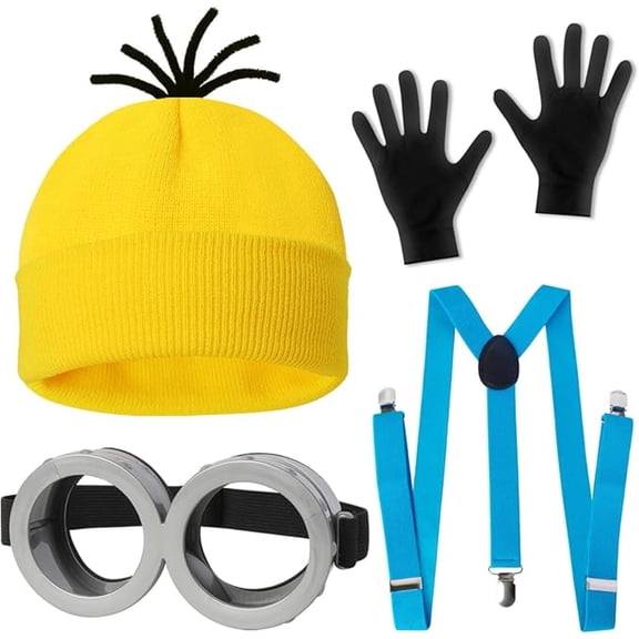 Accesorios para disfraz de Minion de Halloween para adultos: conjunto de 4 piezas (gorro amarillo, gafas, guantes y tirantes) para un disfraz perfecto.