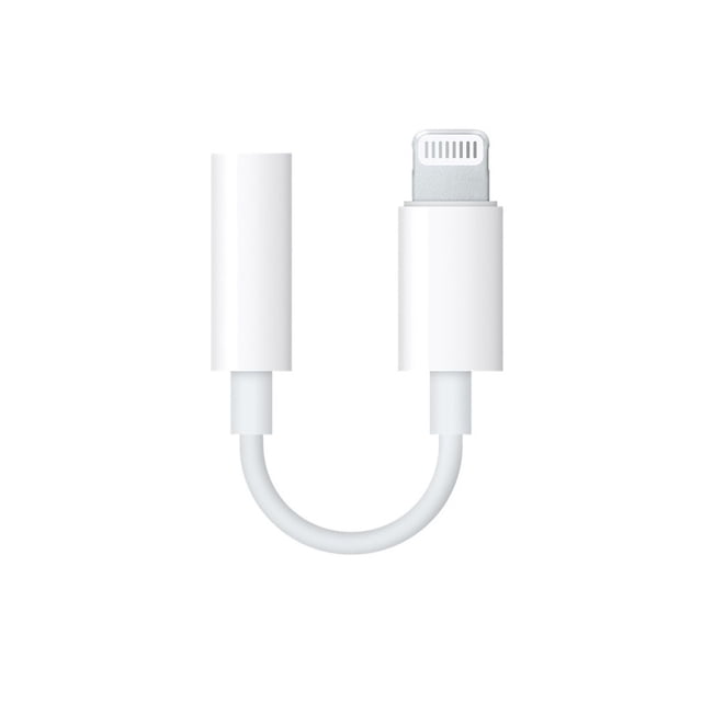 adaptador convertidor de lightning a auxiliar 3.5mm audio buytiti aup03 blanco, vista frontal centrada de cable corto con conector Lightning macho a la derecha y puerto auxiliar 3.5 mm hembra a la izquierda; carcasa plástica lisa y cable flexible, diseño compacto para conectar audífonos alámbricos, bocinas recargables o estéreo a iPhone, iPod o iPad con salida Lightning; también es útil para usar adaptador portátil en viajes.