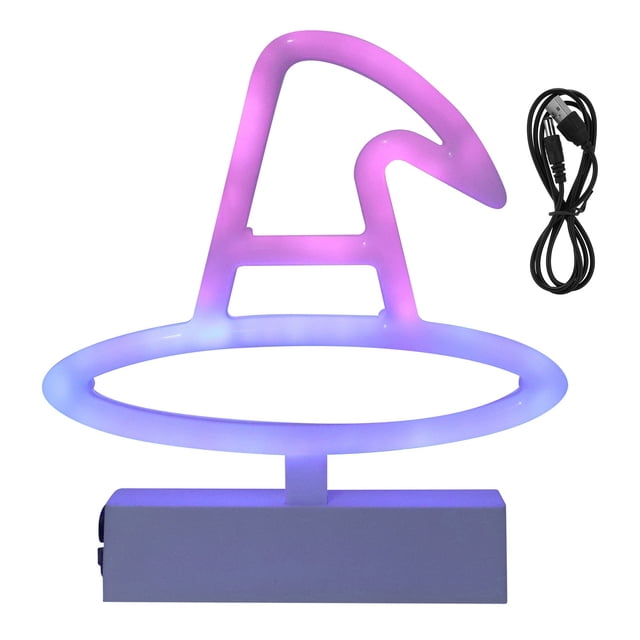 Luz de neón de plástico con forma de sombrero de bruja, lámpara decorativa con fuente de luz RGB alimentada por batería USB para iluminación decorativa