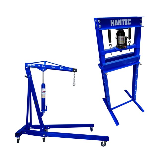 combo prensa hidráulica 20 toneladas + pluma para motor 2 toneladas Hantec azul; vista frontal con prensa vertical de 20 t a la derecha — marco de acero, bomba hidráulica visible, mesa ajustable y patas en V con ruedas (rango 0-725 mm); a la izquierda pluma plegable de 2 t con brazo telescópico, gato hidráulico y gancho, adecuada también para maniobras de levantamiento en taller.