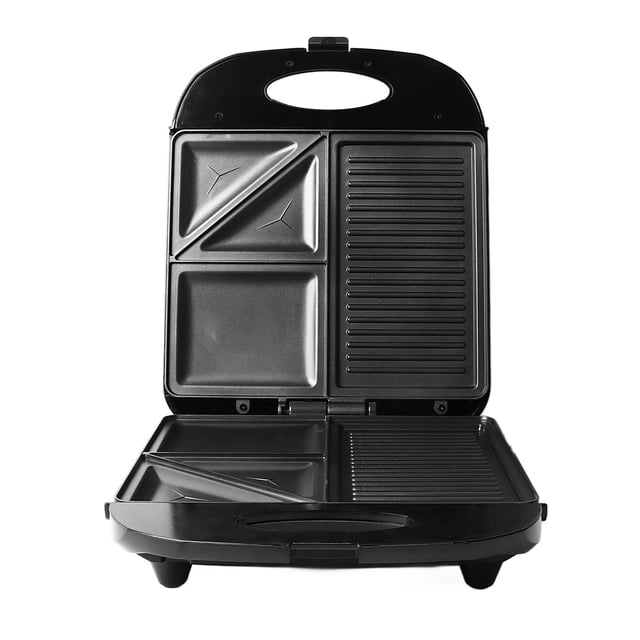 sandwichera eléctrica 3 en 1, parrilla antiadherente para prensa de sándwich para cocina, vista frontal abierta con placas superiores e inferiores en tres zonas: dos moldes triangulares para sándwiches, un molde cuadrado y una parrilla ranurada; interior negro antiadherente, bisagra y mango integrados, 1400W; adecuada también para tostar queso y asar pequeñas porciones.