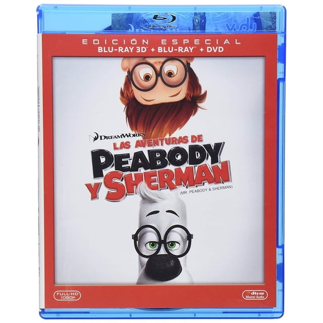 las aventuras de peabody y sherman pelicula blu ray 3d + blu ray + dvd fox Carátula frontal centrada con Mr. Peabody (perro blanco con gafas redondas) en primer plano y Sherman (niño pelirrojo) invertido en la parte superior; caja Blu-ray azul, título en letras rojas y negras y logotipo de DreamWorks visible. Suele guardarse en estantes de películas para colecciones domésticas.