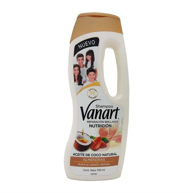 shampoo vanart cabello más sano y brilloso 750ml botella blanca frontal con tapa beige, Vanart Reparación Brillante Nutrición con aceite de coco natural y almendras, aporta brillo y nutrición al cabello dañado; etiqueta muestra 'Cont. Neto 750 ml' y pequeñas imágenes de mechones y gotas de aceite.
