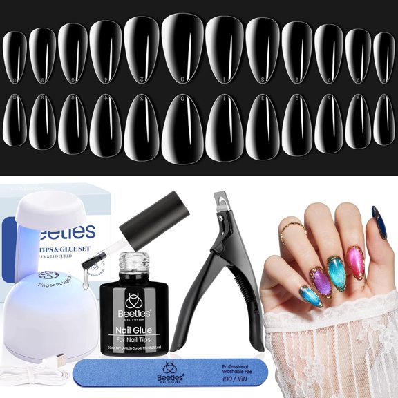 Kit de uñas de gel Beetles Short Almond con lámpara UV, 240 unidades