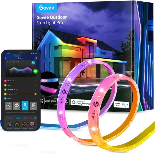 tira de luces led govee rgbic outdoor 32.8 pies a prueba de agua Tira flexible RGBIC de 32.8 pies con segmentos multicolor y LEDs de blanco cálido y frío, mostrada en bucles frontales junto a la app Govee en un teléfono y el empaque con una casa exterior iluminada; compatible con Wi‑Fi 2.4G, control por voz (Alexa/Google) e IP65, adecuada para porches y decoración de temporada y a menudo usada para sincronizar iluminación con música.