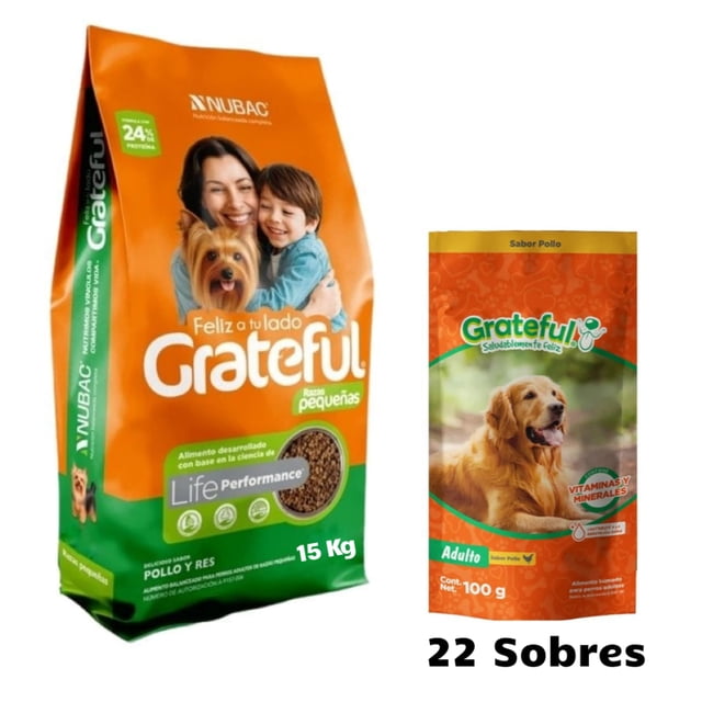 grateful razas pequeñas 15 kg + caja alimento humedo sobre grateful 100 gr (22 pzas) Kit con bulto de 15 kg de croqueta Grateful Razas Pequeñas en empaque naranja y verde y 22 sobres de 100 g de alimento húmedo Grateful sabor pollo; vista frontal centrada con marca y peso visibles, para razas pequeñas.