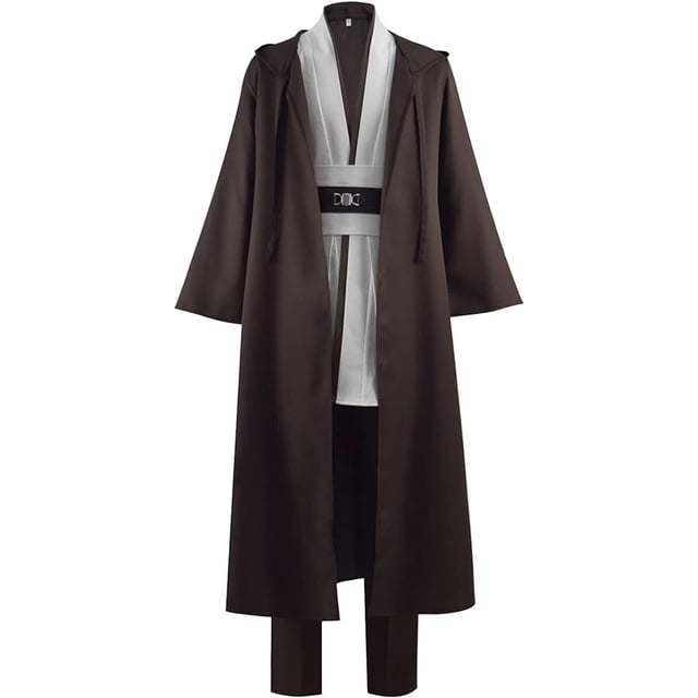 disfraz de túnica para adulto, caballero, con capucha, uniforme, conjunto completo, para hombre, Halloween, cosplay, capa — frontal centrada de túnica exterior marrón con capucha larga, túnica interior blanca con solapa en V, cinturón ancho tipo tabardo con hebilla plateada y pantalones marrones; tela lisa, mangas amplias y largo hasta los tobillos, fondo neutro; también suele usarse como cosplay de Jedi o caballero en convenciones.