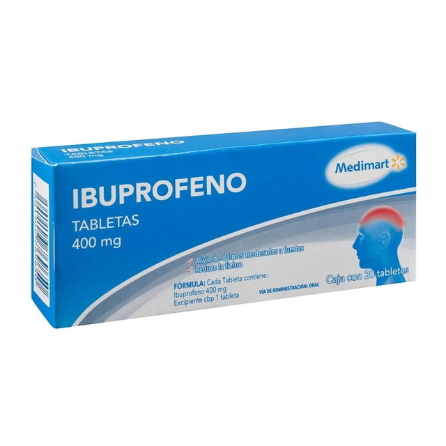ibuprofeno medimart 400 mg 20 tabletas caja frontal azul y blanca con logotipo Medimart; texto "IBUPROFENO TABLETAS 400 mg", dibujo de una cabeza señalando dolor, leyenda de fórmula y "caja con 20 tabletas" legible.