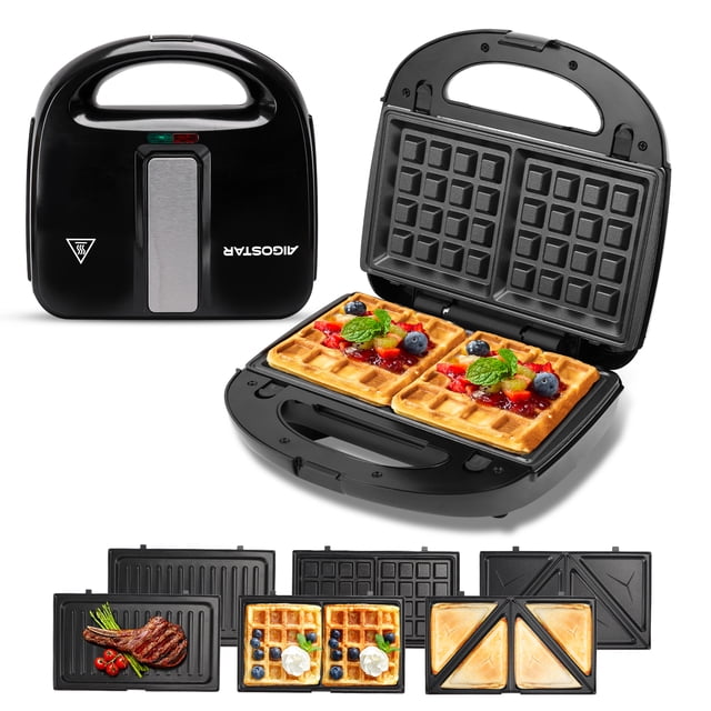 sandwichera electrica waflera 3 en1 antiadherente negro Aigostar — Sandwichera negra con mango superior y luces indicadoras, vista cerrada y abierta mostrando placas intercambiables antiadherentes: waflera de cuadros, plancha lisa y placas para sándwiches triangulares; placas de aluminio desmontables, cierre seguro y patas antideslizantes, ideal para desayunos rápidos en casa.