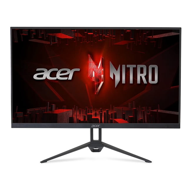 monitor acer nitro kg273 x1bmipx 27" full hd 200 hz ips — Vista frontal centrada del monitor para juegos de 27" negro con diseño de marco cero; pantalla 16:9 muestra gráfico rojo "acer NITRO", soporte en V con columna central y logo Acer, inclinación ergonómica y puertos HDMI 2.0/DisplayPort 1.2 en el respaldo. También adecuado como monitor principal para edición y entretenimiento.