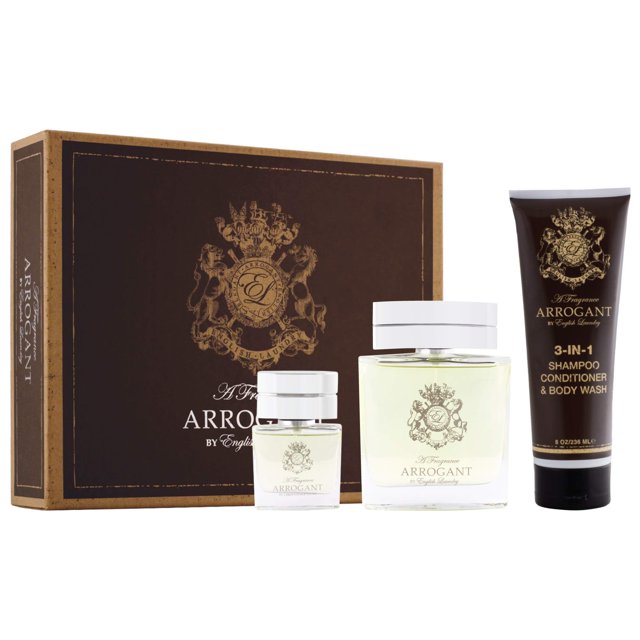 set de regalo english laundry arrogant de 3 piezas para hombre — caja de regalo marrón con emblema dorado junto a un frasco grande de colonia con líquido claro y tapa plateada, un frasco pequeño de colonia y un tubo oscuro 3‑en‑1 (champú, acondicionador y gel corporal) sobre fondo blanco; a menudo usado como set para hombre en temporadas de regalo.