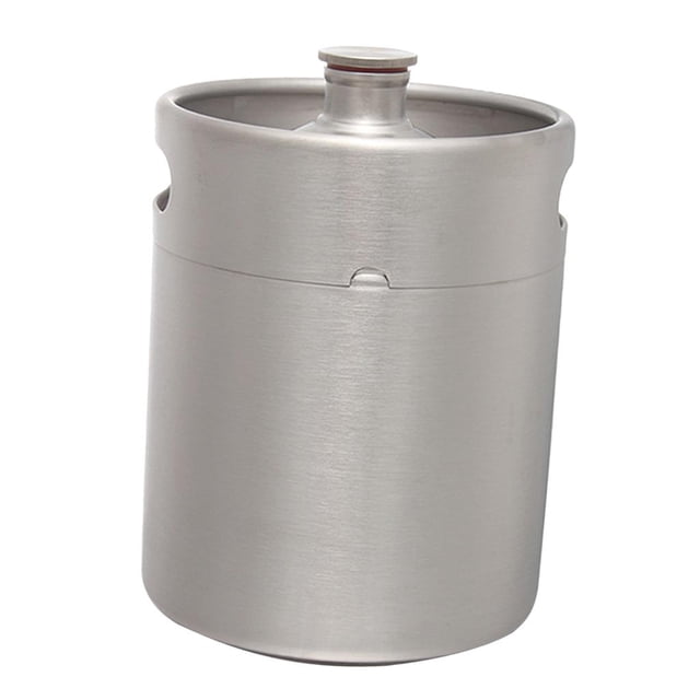 mini barril de acero inoxidable, growler portátil para cerveza artesanal, barril para mantener el barril 2l. Barril cilíndrico plateado de acero inoxidable 304, vista frontal centrada con tapa y válvula de escape visible; acabado metálico liso, capacidad 2L según título, pensado para mantener cerveza artesanal carbonatada y transporte en camping o picnic; a menudo usado también como contenedor portátil para cerveza casera.