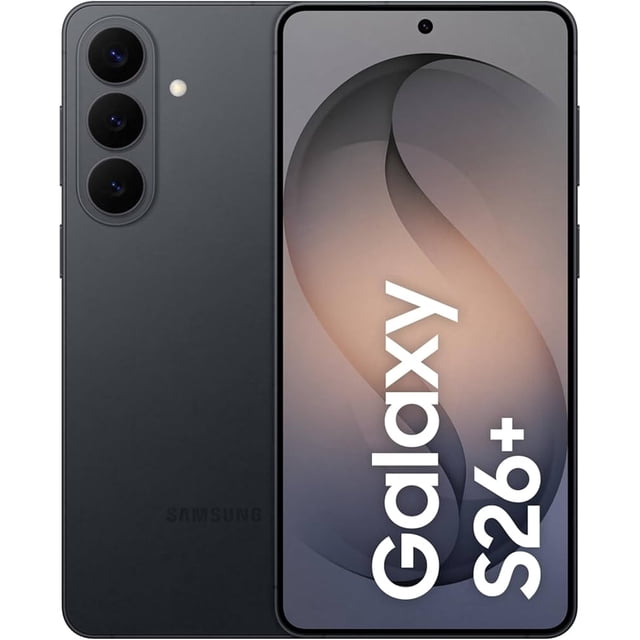 smartphone samsung galaxy s26 plus dual 256gb 12ram negro vista frontal y trasera de un Galaxy S26 Plus negro con pantalla 6.7” Dynamic AMOLED 2X QHD+, cámara frontal en agujero central, triple cámara trasera 50MP/12MP/10MP en módulo vertical, acabado negro mate delgado, compatible con 5G y funciones Galaxy AI; a menudo usado para fotografía móvil avanzada.