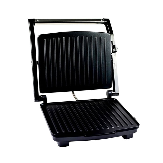 parrilla sandwich panini placas antiadherentes apertura 180° sandwichera plateada con placas de acero recubiertas antiadherente y estriadas, vista frontal abierta 180° con bisagra y detalles en acero inoxidable y ABS, diseñada para tostar pan y paninis; a menudo usada también para calentar tortillas pequeñas.