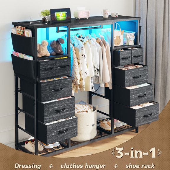 Closet Ropero 10 Cajones Y Led Mueble Para Ropa Organizador, 120x40x130cm, Negro
