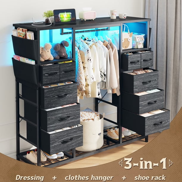 Closet Ropero 10 Cajones Y Led Mueble Para Ropa Organizador, 120x40x130cm, Negro
