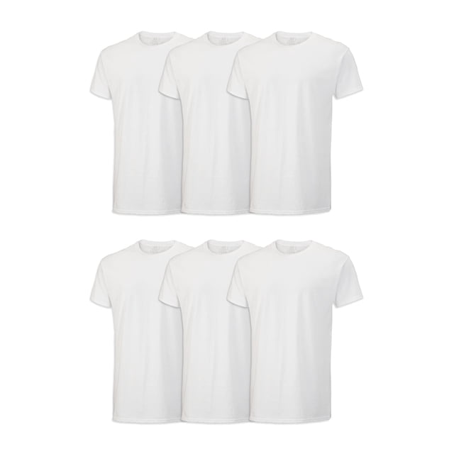 camiseta fruit of the loom stay tucked crew para hombre, blanca, talla l paquete de 6 camisetas blancas de manga corta y cuello redondo, vista frontal centrada mostrando silueta clásica, cuello plano suave y costuras cubiertas en hombros y cuello, tejido liso que absorbe la humedad; suele usarse también como camiseta base para layering.
