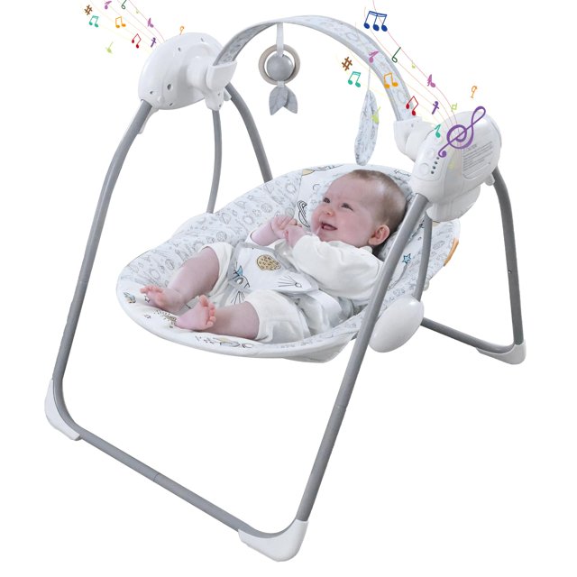 columpio portátil para bebé Furmubei SG2403 plegable con música y 5 velocidades; vista frontal 3/4 del columpio abierto con asiento profundo y acolchado, arnés ajustable de 5 puntos y patas antideslizantes, estructura tubular gris con base blanca, barra de juguetes desmontable con peluches sensoriales y panel lateral con controles para 5 velocidades, temporizador (10/15/30 min) y 6 melodías; medidas abiertas 80 x 80 x 56 cm, uso interior y exterior.