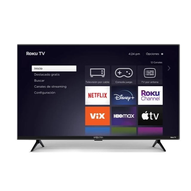 tv 43 pulgadas smart tv 43-rspf roku tv led full hd Spectra con pantalla frontal de 43" FHD (1920 x 1080) mostrando la interfaz ROKU y apps como Netflix y Disney+, marco negro delgado y patas en V; según especificaciones incluye 3 HDMI, 1 USB y control remoto, adecuado para streaming y conexión a consolas.