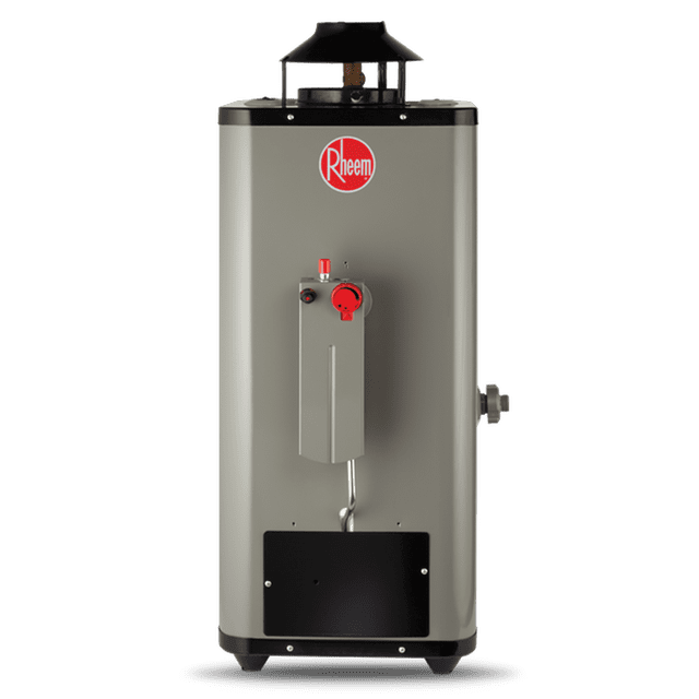 calentador de agua de paso rápida recuperación 6 litros por min gas natural 1 servicio, 1er mantenimiento incluido gris 18 vista frontal centrada de calentador Rheem gris, silueta cilíndrica compacta con chimenea superior y logo Rheem rojo; panel frontal con perilla roja, válvula de drenado visible y conexión lateral de gas. Especifica encendido piezo eléctrico sin pila y tanque porcelanizado de grueso calibre; suitable para instalación doméstica y para suministrar agua caliente continua en espacios pequeños.