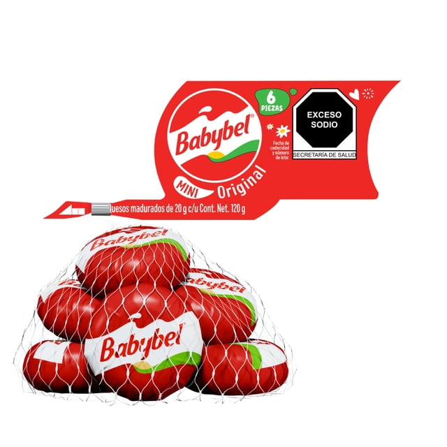 queso madurado babybel mini original 6 pzas de 20 g c/u paquete de seis quesos envueltos en cera roja y red, vista frontal con etiqueta superior que muestra logotipo Babybel, sello "EXCESO SODIO" y texto de 6 piezas; sin azúcar ni conservadores, elaborado con leche de vaca, snack listo para consumir y apto para loncheras.