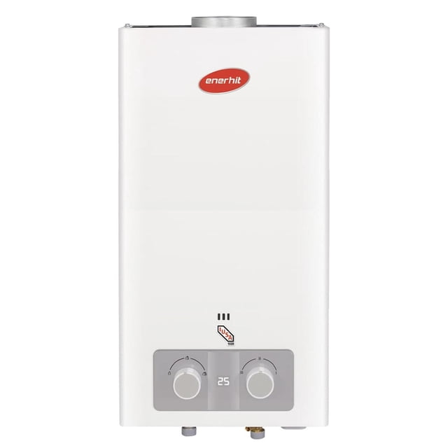 calentador instantáneo 12 l gas l.p. blanco enerhit frontal centrado con logo Enerhit en óvalo rojo, carcasa blanca, panel inferior gris con dos perillas giratorias y pantalla LCD que muestra la temperatura, conexiones inferiores visibles. También suele usarse para suministrar agua caliente en cocinas pequeñas.