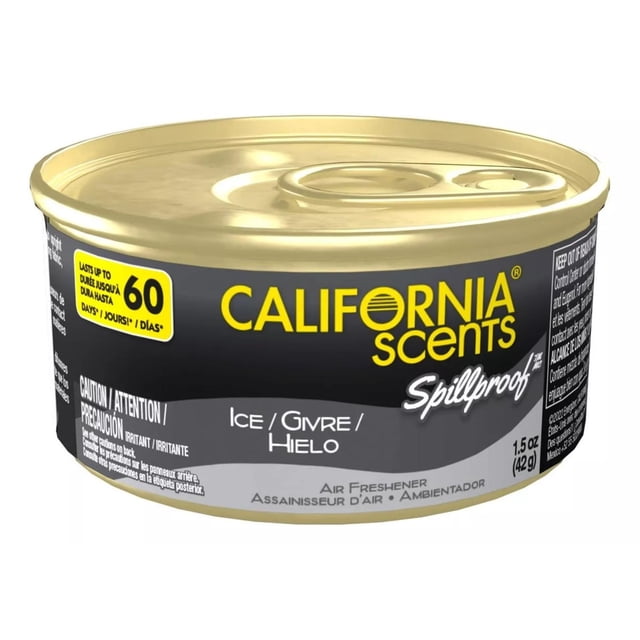 aromatizador corcho california scents ice 1.5 oz negro 1 — Lata frontal negra y dorada, vista centrada; envase cilíndrico de aluminio con tapa metálica con dos ranuras visibles, etiqueta con logo CALIFORNIA scents en amarillo y texto 'Ice / Hielo', indicador 'hasta 60 días' y leyendas de uso en el borde. Ambientador a prueba de derrames, ideal para colocarse en la guantera o portavasos del auto.