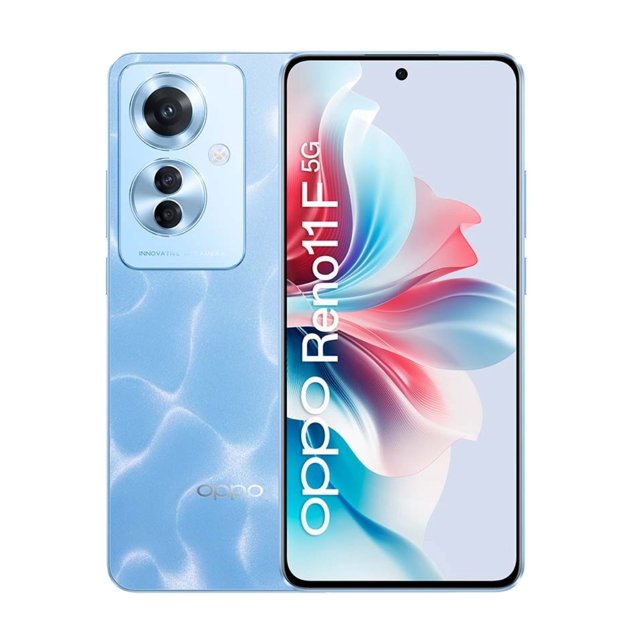 smartphone oppo reno11 f 5g dual sim 256gb 8gb ram ocean blue vista frontal y posterior centrada; pantalla AMOLED FHD+ de 6.7 pulgadas con agujero para cámara frontal, triple cámara trasera con sensor principal de 64 MP, carcasa azul con textura de partículas magnéticas y perfil ultradelgado, ideal para fotografía 4K y multimedia con conectividad 5G.