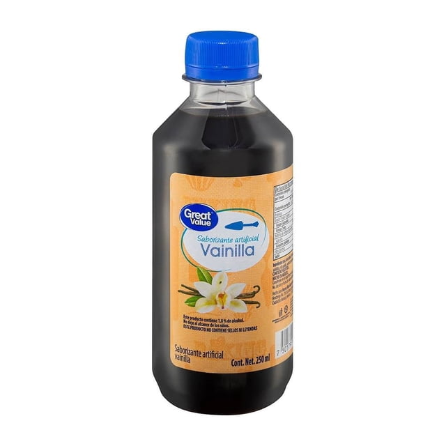 vainilla great value saborizante artificial 250 ml botella de 250 ml de extracto saborizante artificial de vainilla Great Value con tapa azul y etiqueta beige con flor de vainilla; para preparar postres y bebidas, contiene 1.8% de alcohol y a menudo se usa también para aromatizar masas pequeñas.