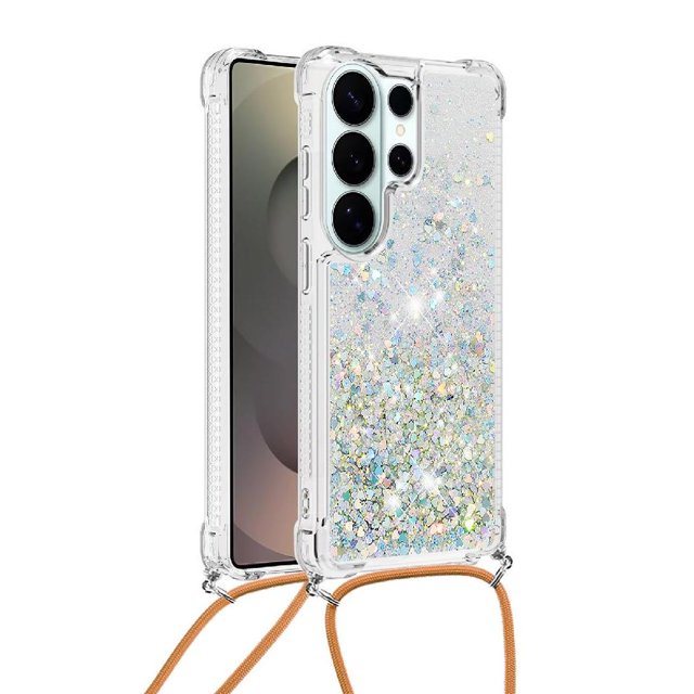 funda foxdock para samsung galaxy s26 ultra con cuerda ajustable, brillo líquido, protección antigolpes y lente – ideal para regalo funda FOXDOCK plateada para Samsung Galaxy S26 Ultra, vista 3/4 que muestra TPU transparente con brillo líquido móvil y partículas reflectivas, esquinas reforzadas antigolpes y recorte para cámara; cuerda ajustable color canela para llevar cruzada o al cuello, a menudo usada para mantener las manos libres en viajes y compras.