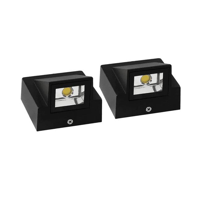 2 lámpara de pared exterior 6w led ip66 impermeable negra par de apliques cuadrados negros con lente frontal rectangular y LED visible, haz unidireccional en aluminio, tornillo decorativo en la base; apto como aplique exterior para pasillos, balcones o jardines; luz blanco cálido 3000 K.