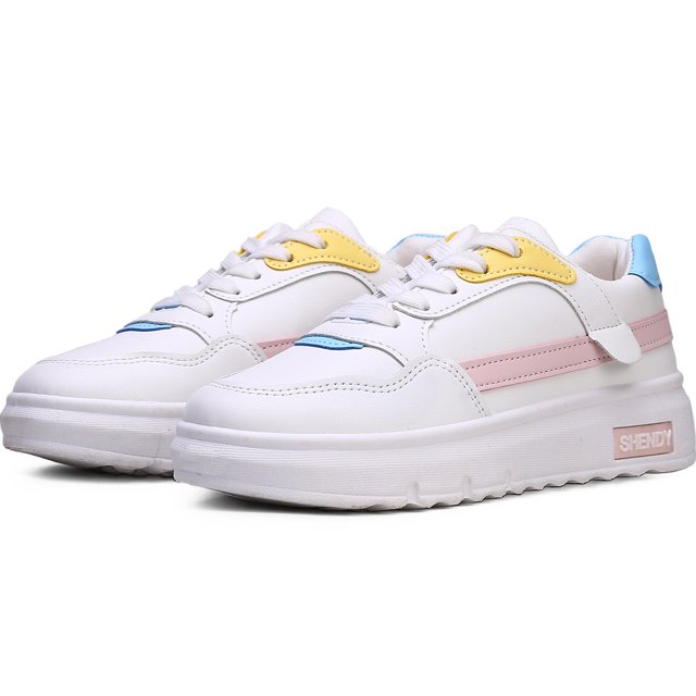 tenis mujer, zapatos mujer deportivos, zapatos de malla transpirable para mujer, zapatillas de deporte casuales de moda para entrenamiento caminar correr gimnasio Rosa Shendy Vendy: par 3/4 frontal en blanco con franjas laterales rosas, detalles azul y amarillo, cordones blancos y suela blanca gruesa con logo SHENDY; malla visible y suela antideslizante, diseño ligero para caminar, gimnasio y viajes; también adecuados para uso diario casual.