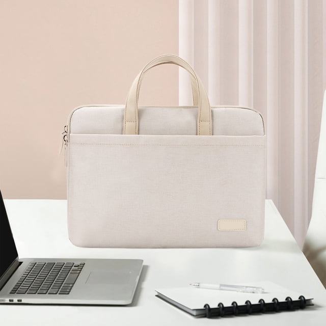 laptop bag 15.6 to 16 inch laptop bag portable laptop bag lightweight business briefcase A centered, front-facing khaki polyester and velour briefcase for 15.6–16 in laptops with dual top handles, slim external slip pocket, top zipper closure and stitched rectangular logo patch; measures 38×29×3 cm (14.96×11.42×1.18 in), shown on a desk next to a laptop and notebook, ideal para llevar documentos A4 o una tableta.