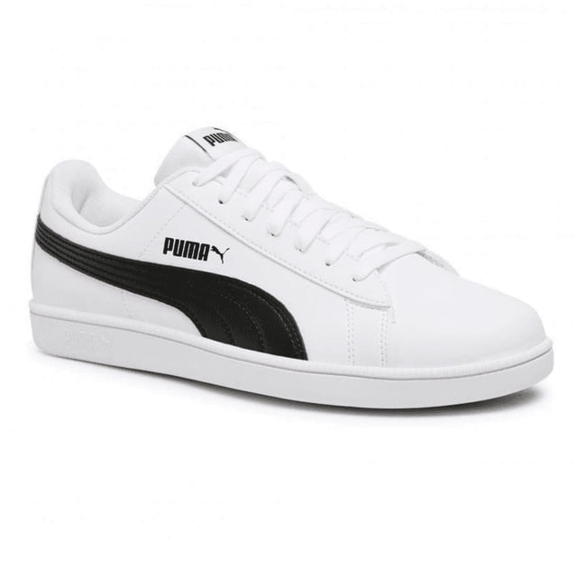 tenis puma up white black unisex blanco 28 puma 372605 02 Zapatilla blanca con franja lateral negra PUMA, vista 3/4 derecha; corte sintético liso, cordones blancos y lengüeta con logo; suela blanca de goma y espuma para tracción y pisadas suaves; ideal para uso casual y a veces usada para caminatas urbanas cortas.