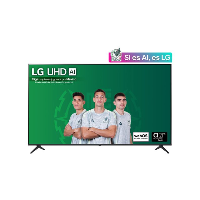 pantalla 75 pulgadas lg uhd ai 75ua8000 4k smart tv 2025 vista frontal centrada de la TV 75" con marco negro delgado y patas en V, muestra tres jugadores sobre fondo verde; logotipos de webOS 2025 y Alpha 7 AI Gen8 con sello HDR10 Pro en la esquina inferior derecha, enfocada en experiencia de cine en casa y streaming, también adecuada para usar como pantalla de entretenimiento multisource.