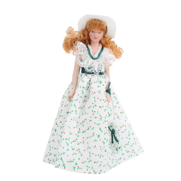 Muñeca miniatura de porcelana a escala 1:12 con vestido verde para mujer. Elegante accesorio para casa de muñecas.