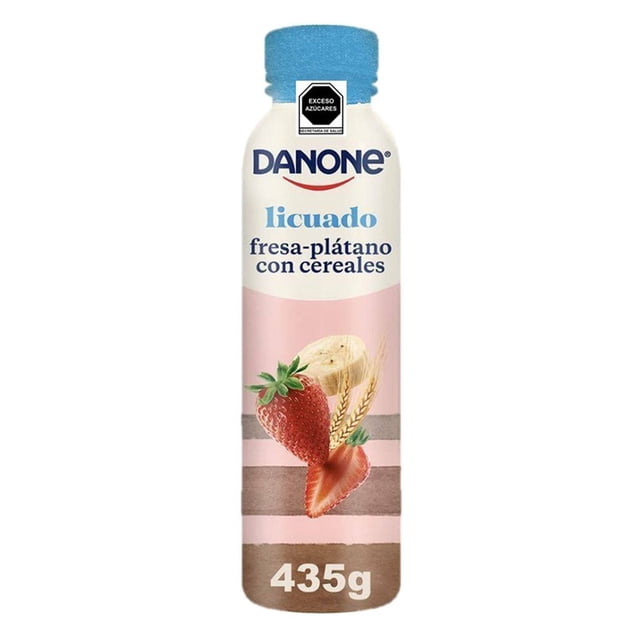 yoghurt bebible danone licuado fresa plátano con cereales 435 g botella frontal con tapa de rosca azul, etiqueta blanca y rosa con logo Danone, texto "licuado fresa-plátano con cereales" y gráficos de fresa, rodaja de plátano y espiga de cereal; bebida láctea con probióticos Actiregularis, formato práctico para consumir en movimiento.