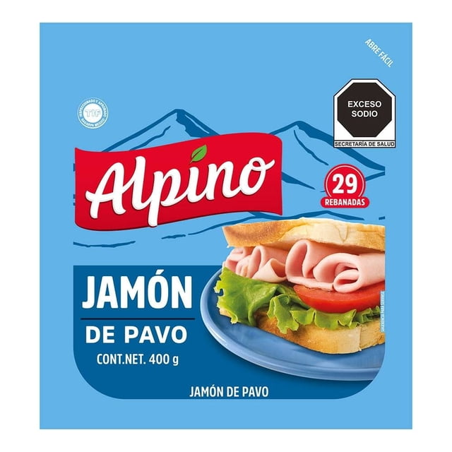 jamón de pavo alpino 400 g Empaque azul con logo Alpino, texto '29 rebanadas' y sello 'Exceso sodio'; primer plano de un sándwich con varias rebanadas de jamón, lechuga y jitomate. Ideal para lonches y wraps rápidos.