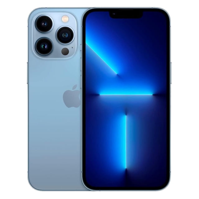 smartphone iphone 13 pro max 128gb azul desbloqueado reacondicionado vista frontal y trasera; pantalla Super Retina XDR OLED 6.7" con fondo azul, posterior azul con sistema de cámaras triples y logo Apple, bordes planos y botones laterales visibles; no incluye audífonos; ideal para alto rendimiento y fotografía móvil.