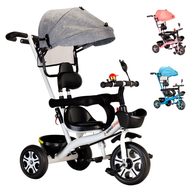 triciclo para bebe triciclo montable de 4 a 10 años carriola montable con sombrilla para sol silla ajustable carrito de paseo transformable plegable triciclo infantil Multicolor. 3/4 frontal con toldo gris ajustable; estructura metálica blanca y piezas en polietileno negro, asiento acojinado con respaldo y esquinas redondeadas, barra de empuje ergonómica, portaobjetos frontal y bandeja trasera, ruedas traseras dobles y manubrio con timbre. Se usa como carriola guiada por adulto o se transforma en triciclo independiente.