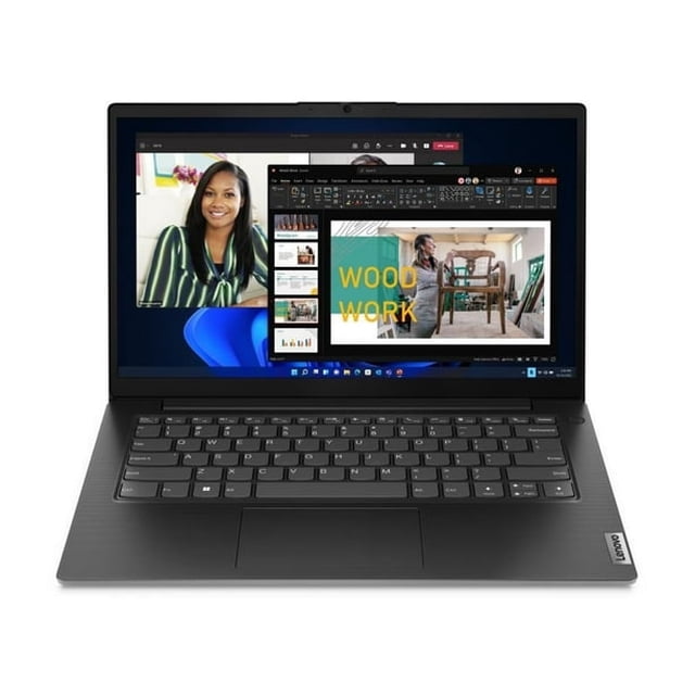 laptop lenovo v14 g4 14" full hd; intel core i7-13620h; 8gb ram, 256gb ssd Negra, vista frontal centrada con pantalla encendida mostrando una videollamada y una presentación, teclado en isla negro y panel táctil centrado, cuerpo oscuro con etiqueta Lenovo en la esquina inferior derecha; a menudo usada como portátil empresarial para tareas y reuniones.