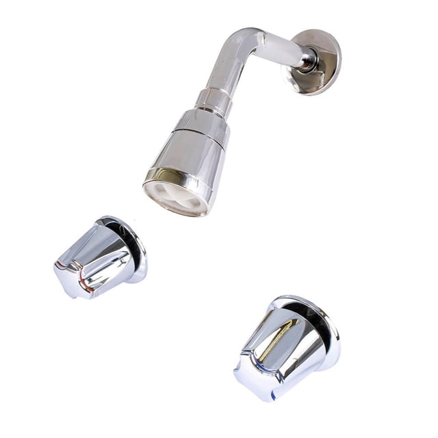 llave mezcladora con regadera para empotrar iusa primo esencial kit plateado front‑facing ligeramente angulado sobre fondo blanco; regadera con brazo curvo y roseta circular, cuerpo cromado reflectante de latón, dos manerales cónicos separados con indicadores de agua fría y caliente visibles, diseño tradicional para instalación empotrada, a menudo usado para renovar regaderas en proyectos de remodelación.